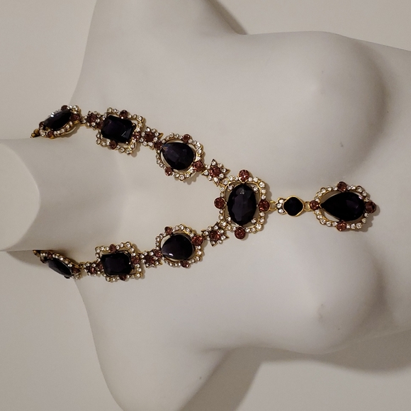 Purple amber and clear rhinestones goldtone statement necklace NIB wedding prom - Picture 9 of 10